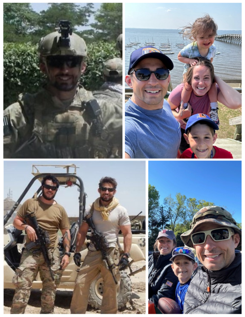 A collage of Cal Riley, Business Coach, as a combat specialist and family man